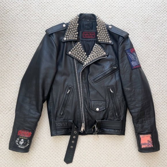 UNISEX Leather World by Lucky Leather Biker Motorcycle Black Leather Jacket Sz32 - Picture 1 of 7